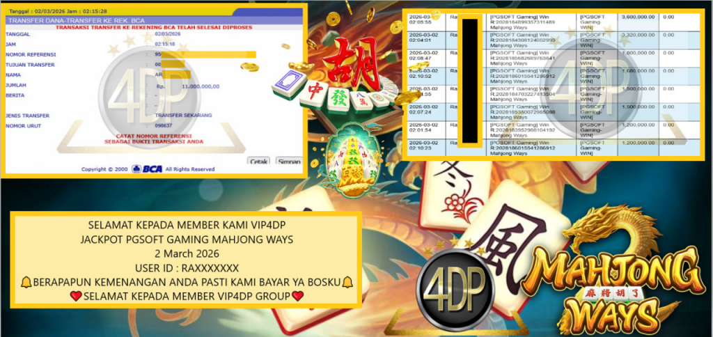 VIP4DP JACKPOT PGSOFT GAMING MAHJONG WAYS Rp.11.000.000,- LUNAS