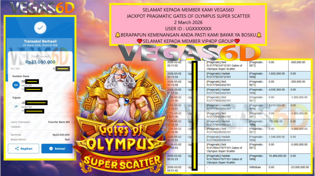 VEGAS6D JACKPOT PRAGMATIC GATES OF OLYMPUS SUPER SCATTER Rp.23.000.000,- LUNAS