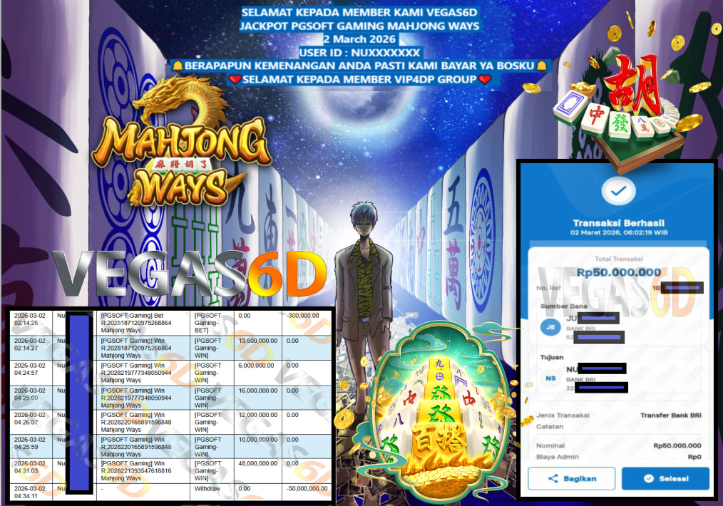 VEGAS6D JACKPOT PGSOFT GAMING MAHJONG WAYS Rp.50.000.000,- LUNAS