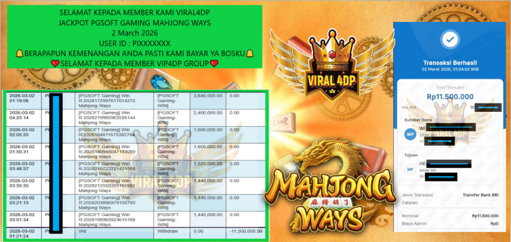 VIRAL4DP JACKPOT PGSOFT GAMING MAHJONG WAYS Rp.11.500.000,- LUNAS