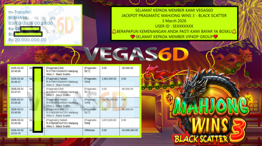 VEGAS6D JACKPOT PRAGMATIC MAHJONG WINS 3 – BLACK SCATTER Rp.20.000.000,- LUNAS
