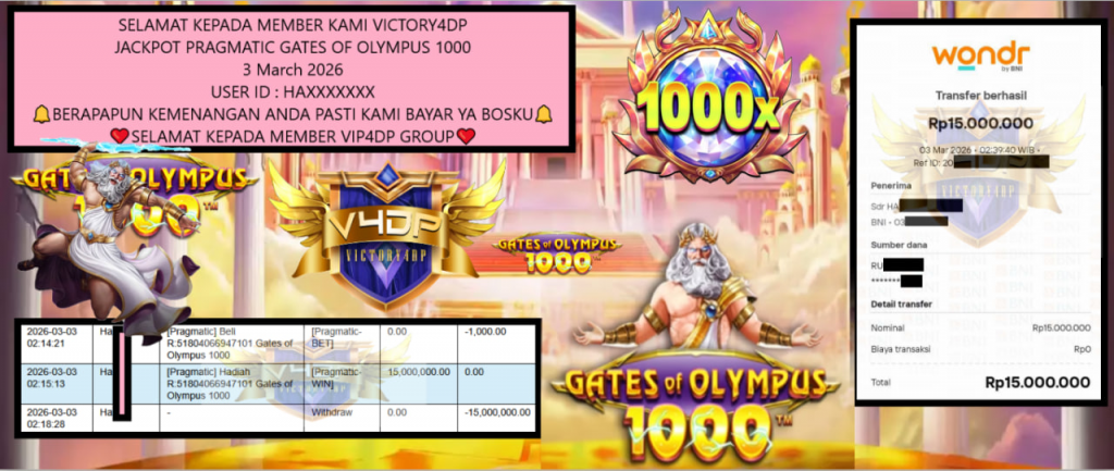 VICTORY4DP JACKPOT PRAGMATIC GATES OF OLYMPUS 1000 Rp.15.000.000,- LUNAS