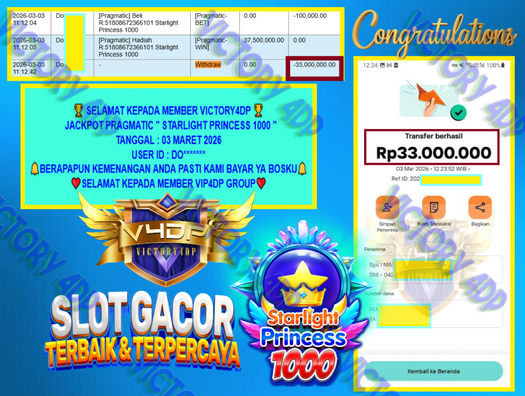 VICTORY4DP JACKPOT PRAGMATIC ” STARLIGHT PRINCESS 1000 ” Rp.33.000.000,- LUNAS