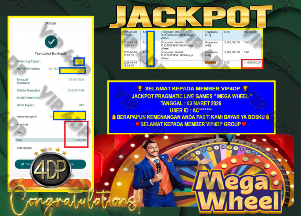 VIP4DP JACKPOT PRAGMATIC ” MEGA WHEEL ” Rp.11.000.000,- LUNAS