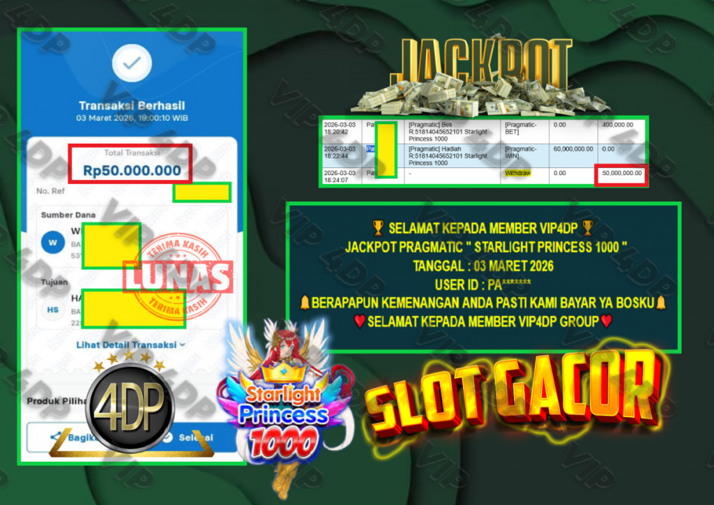 VIP4DP JACKPOT PRAGMATIC ” STARLIGHT PRINCESS 1000 ” Rp.60.000.000,- LUNAS