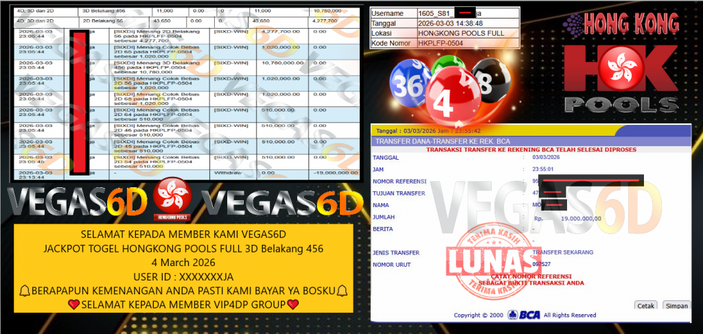VEGAS6D JACKPOT TOGEL HONGKONG POOLS FULL 3D Belakang 456 Rp.19.000.000,- LUNAS