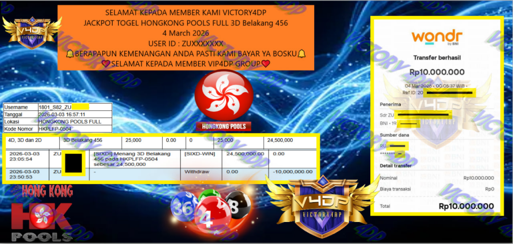 VICTORY4DP JACKPOT TOGEL HONGKONG POOLS FULL 3D Belakang 456 Rp.10.000.000,- LUNAS