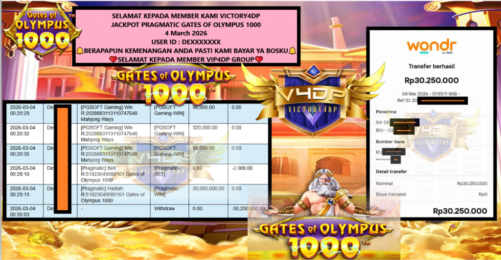 VICTORY4DP JACKPOT PRAGMATIC GATES OF OLYMPUS 1000 Rp.30.250.000,- LUNAS