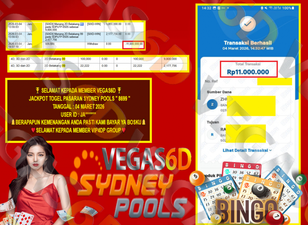 VEGAS6D JACKPOT TOGEL PASARAN SYDNEY POOLS ” 8699 ” Rp.11.000.000,- LUNAS