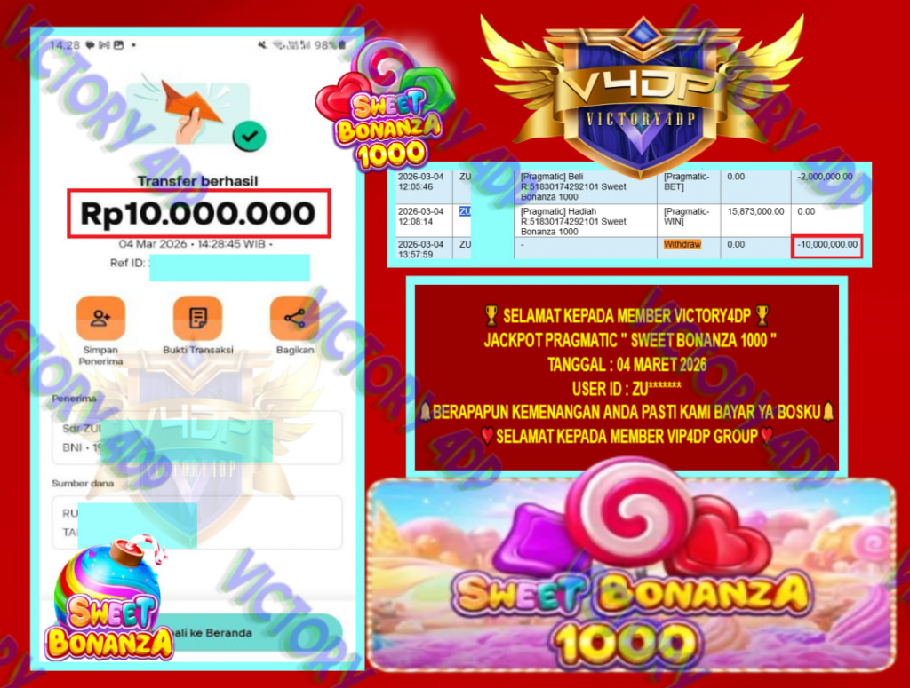 VICTORY4DP JACKPOT PRAGMATIC ” SWEET BONANZA 1000 ” Rp.10.000.000,- LUNAS
