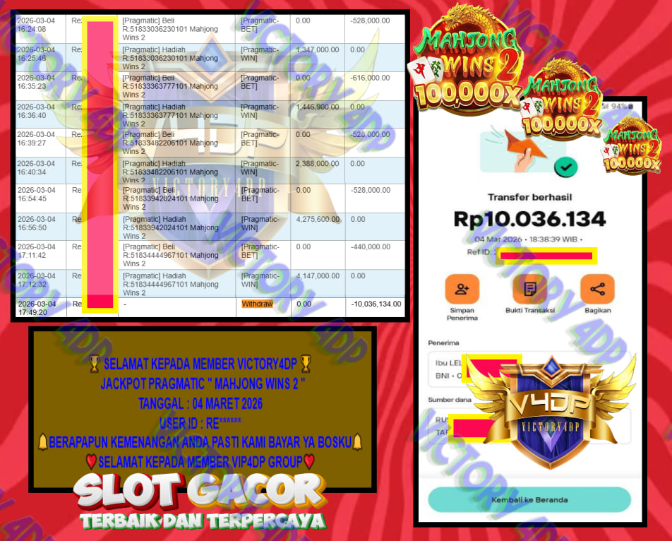 VICTORY4DP JACKPOT PRAGMATIC ” MAHJONG WINS 2 ” Rp.10.036.134,- LUNAS