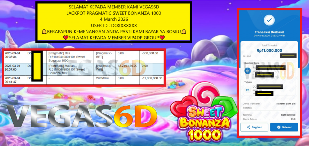 VEGAS6D JACKPOT PRAGMATIC SWEET BONANZA 1000 Rp.11.000.000,- LUNAS