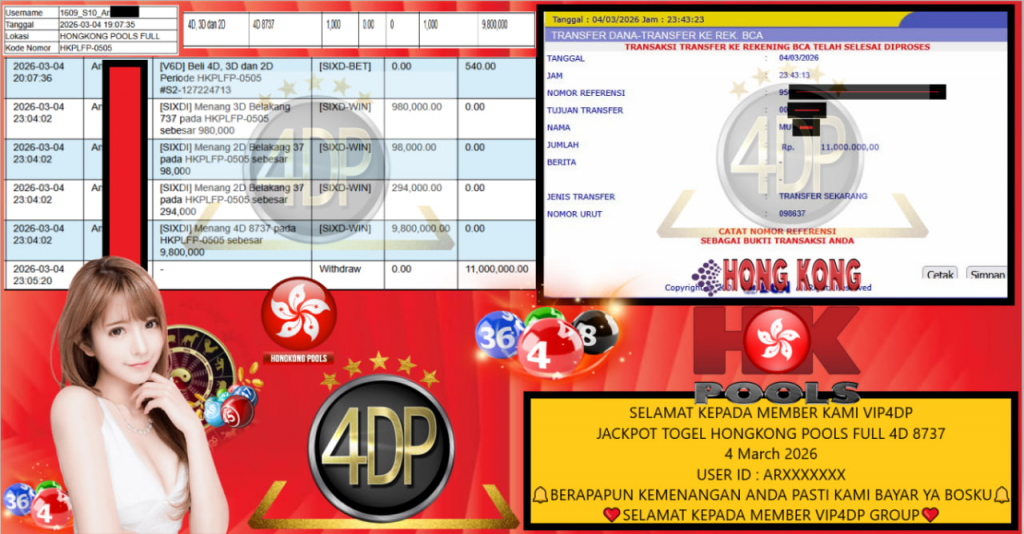 VIP4DP JACKPOT TOGEL HONGKONG POOLS FULL 4D 8737 Rp.11.000.000,- LUNAS