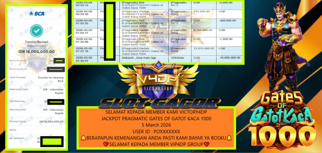 VICTORY4DP JACKPOT PRAGMATIC GATES OF GATOT KACA 1000 Rp.16.000.000,- LUNAS