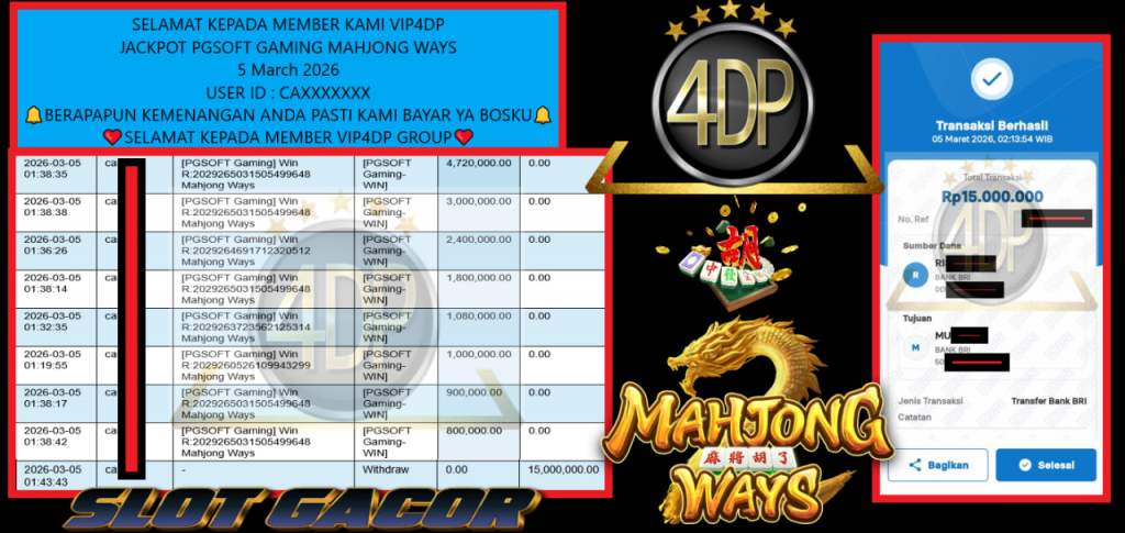 VIP4DP JACKPOT PGSOFT GAMING MAHJONG WAYS Rp.15.000.000,- LUNAS