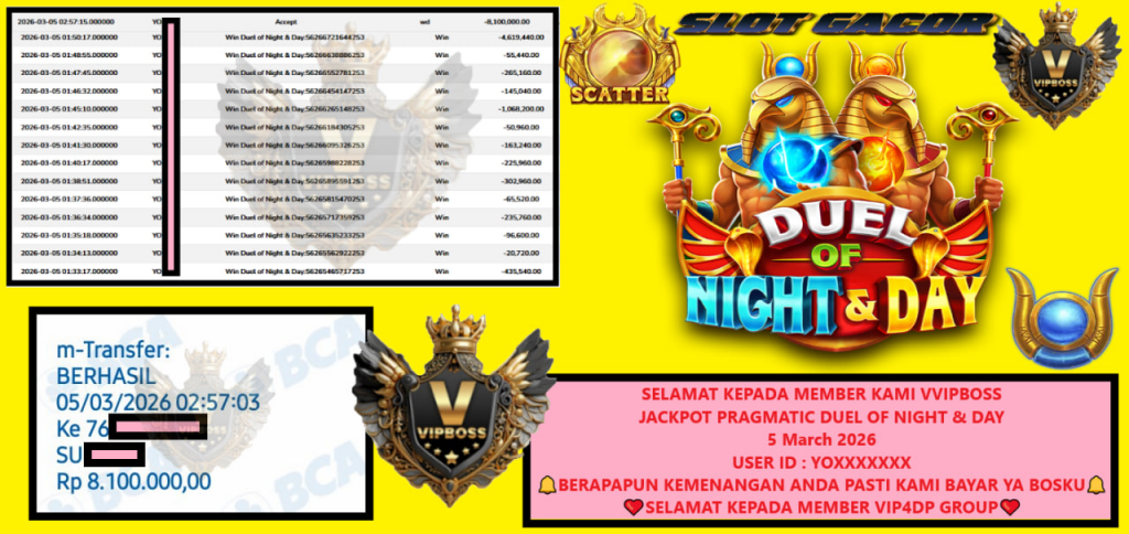 VVIPBOSS JACKPOT PRAGMATIC DUEL OF NIGHT & DAY Rp.8.100.000,- LUNAS
