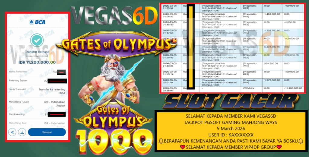 VEGAS6D JACKPOT PRAGMATIC GATES OF OLYMPUS 1000 Rp.11.200.000,- LUNAS