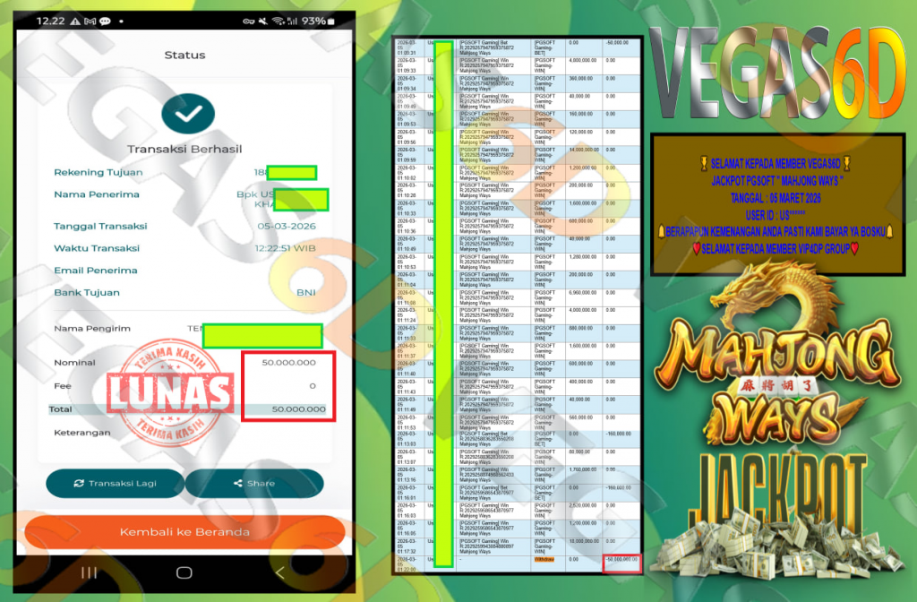 VEGAS6D JACKPOT PGSOFT ” MAHJONG WAYS ” Rp.50.000.000,- LUNAS