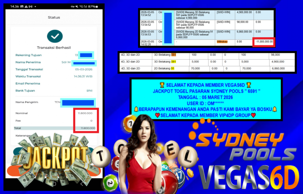 VEGAS6D JACKPOT TOGEL PASARAN SYDNEY POOLS ” 6591 ” Rp.11.800.000,- LUNAS