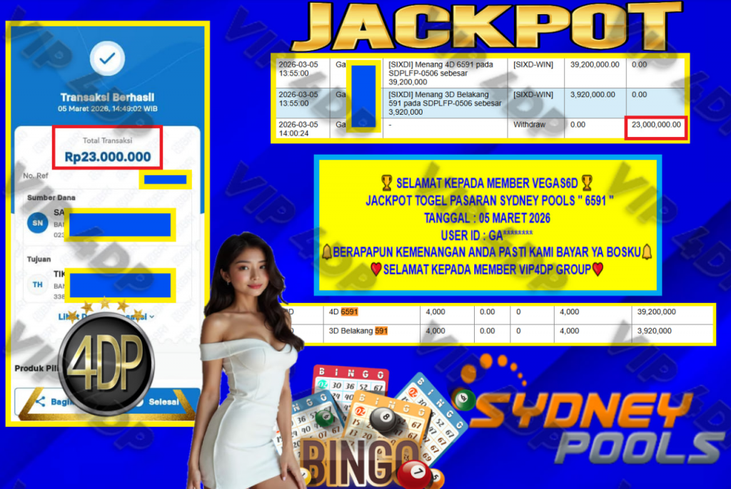 VIP4DP JACKPOT TOGEL PASARAN SYDNEY POOLS ” 6591 ” Rp.43.000.000,- LUNAS
