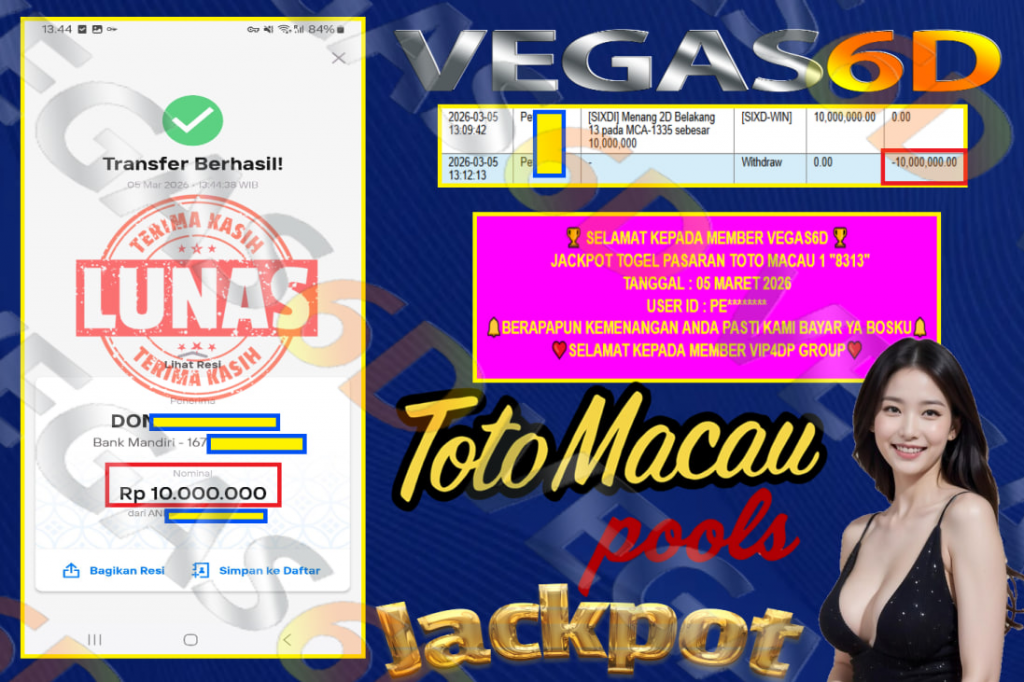 VEGAS6D JACKPOT TOGEL PASARAN TOTO MACAU 1 ” 8313 ” Rp.10.000.000,- LUNAS