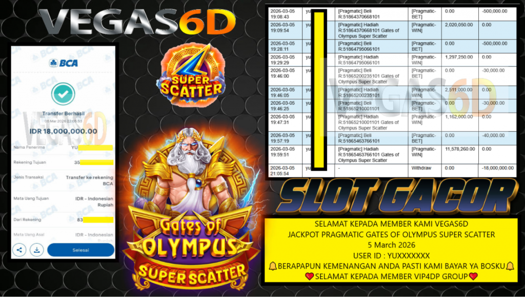 VEGAS6D JACKPOT PRAGMATIC GATES OF OLYMPUS SUPER SCATTER Rp.18.000.000,- LUNAS