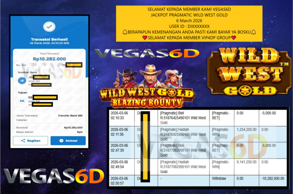 VEGAS6D JACKPOT PRAGMATIC WILD WEST GOLD Rp.10.282.000,- LUNAS
