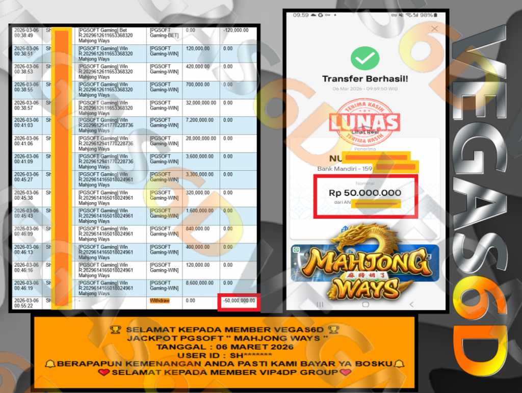 VEGAS6D JACKPOT PGSOFT ” MAHJONG WAYS ”  Rp.50.000.000,- LUNAS