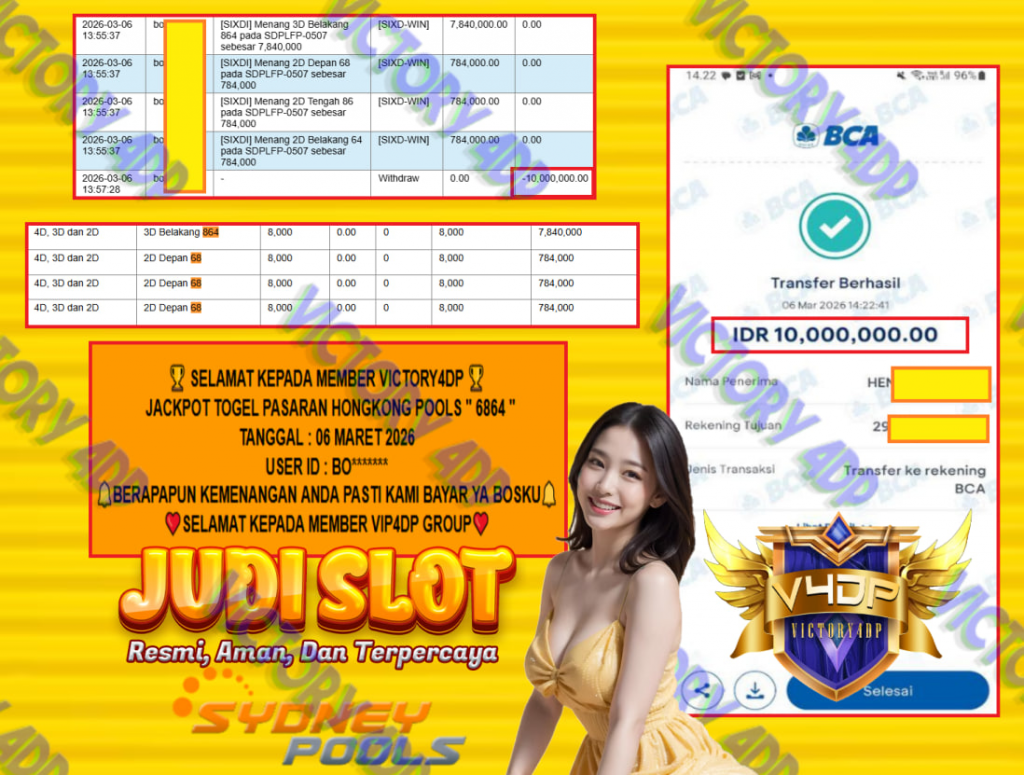 VICTORY4DP JACKPOT TOGEL PASARAN SYDNEY POOLS ” 6864 ” Rp.10.000.000,- LUNAS