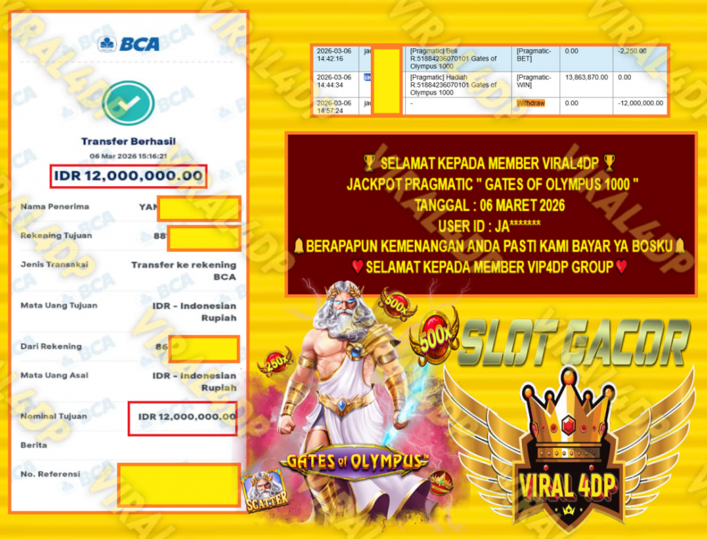VIRAL4DP JACKPOT PRAGMATIC ” GATES OF OLYMPUS 1000 ” Rp.12.000.000,- LUNAS