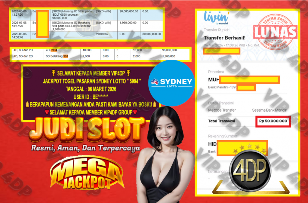 VIP4DP JACKPOT TOGEL PASARAN SYDNEY LOTTO ” 5994 ” Rp.50.000.000,- LUNAS