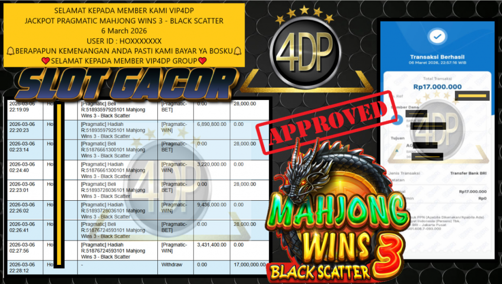 VIP4DP JACKPOT PRAGMATIC MAHJONG WINS 3 – BLACK SCATTER Rp.17.000.000,- LUNAS
