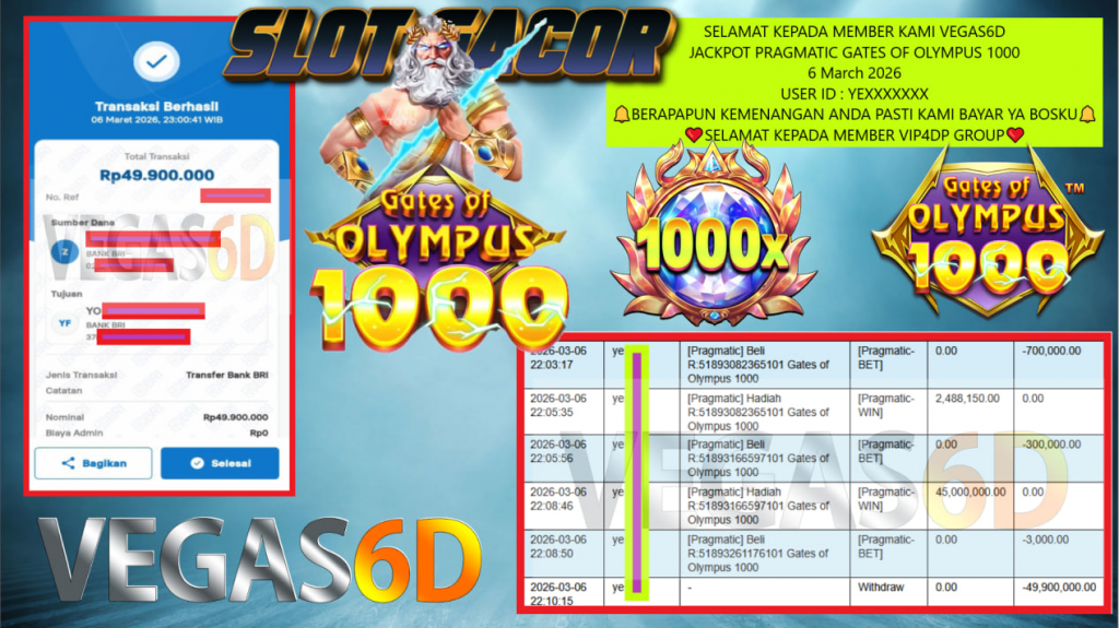VEGAS6D JACKPOT PRAGMATIC GATES OF OLYMPUS 1000 Rp.49.900.000,- LUNAS