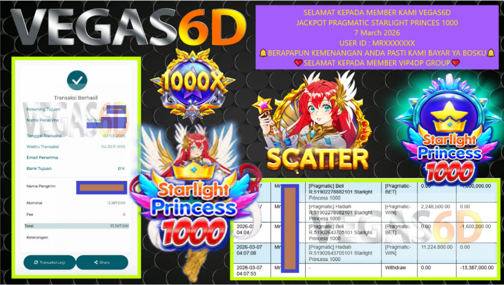 VEGAS6D JACKPOT PRAGMATIC STARLIGHT PRINCES 1000 Rp.13.387.000,- LUNAS