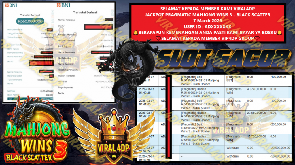 VIRAL4DP JACKPOT PRAGMATIC MAHJONG WINS 3 – BLACK SCATTER Rp.70.000.000,- LUNAS