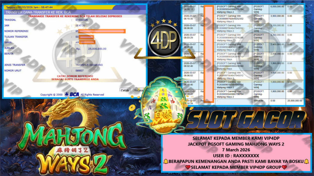 VIP4DP JACKPOT PGSOFT GAMING MAHJONG WAYS 2 Rp.25.000.000,- LUNAS
