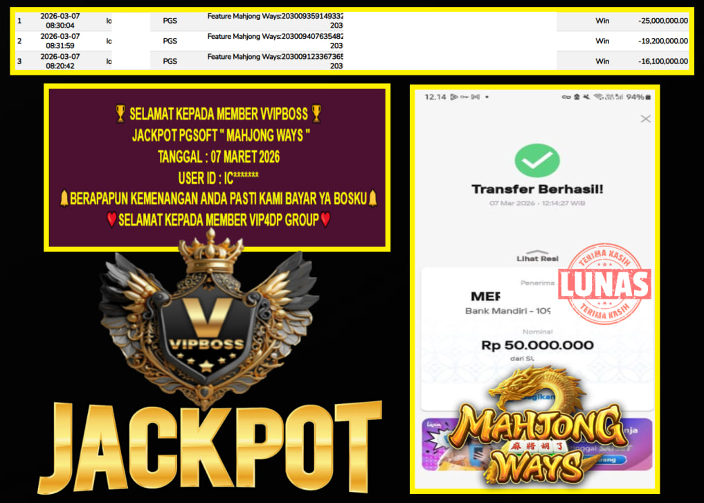 VVIPBOSS JACKPOT PGSOFT MAHJONG WAYS Rp.50.000.000,- LUNAS