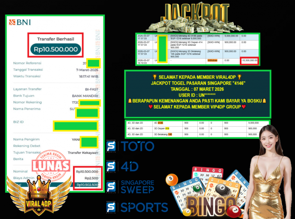 VIRAL4DP JACKPOTTOGEL SINGAPORE “4146” Rp.10.500.000,- LUNAS