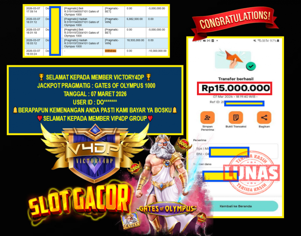 VICTORY4DP JACKPOT PRAGMATIC : GATES OF OLYMPUS 1000 Rp.15.000.000,- LUNAS