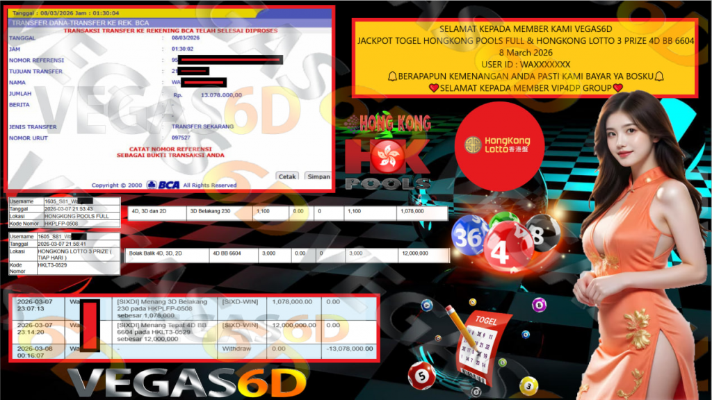 VEGAS6D JACKPOT TOGEL HONGKONG POOLS FULL & HONGKONG LOTTO 3 PRIZE 4D BB 6604 Rp.13.078.000,- LUNAS