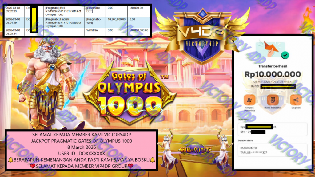 VICTORY4DP JACKPOT PRAGMATIC GATES OF OLYMPUS 1000 Rp.10.000.000,- LUNAS
