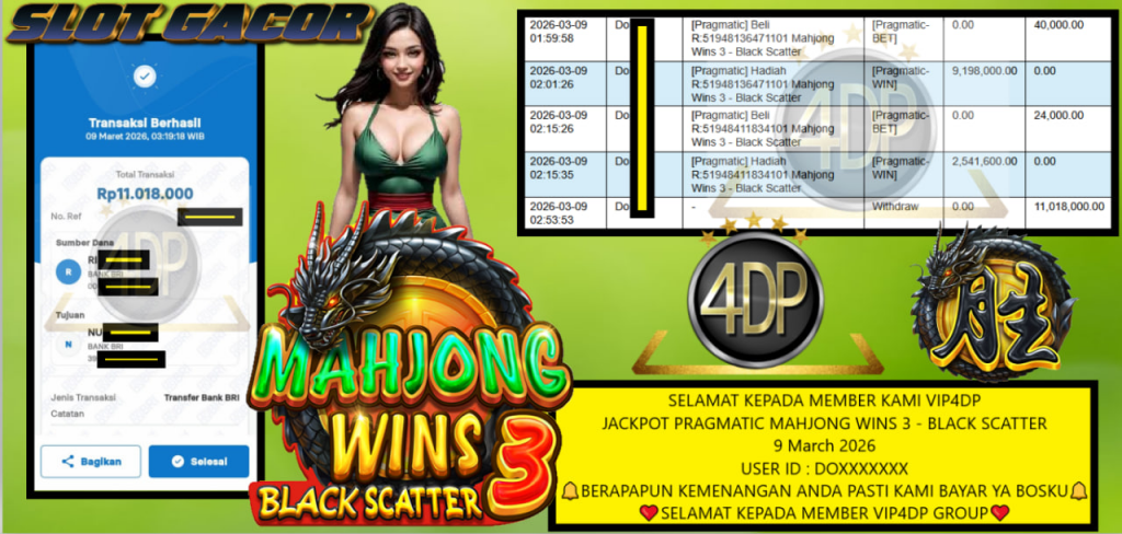 VIP4DP JACKPOT PRAGMATIC MAHJONG WINS 3 – BLACK SCATTER Rp.11.018.000,- LUNAS