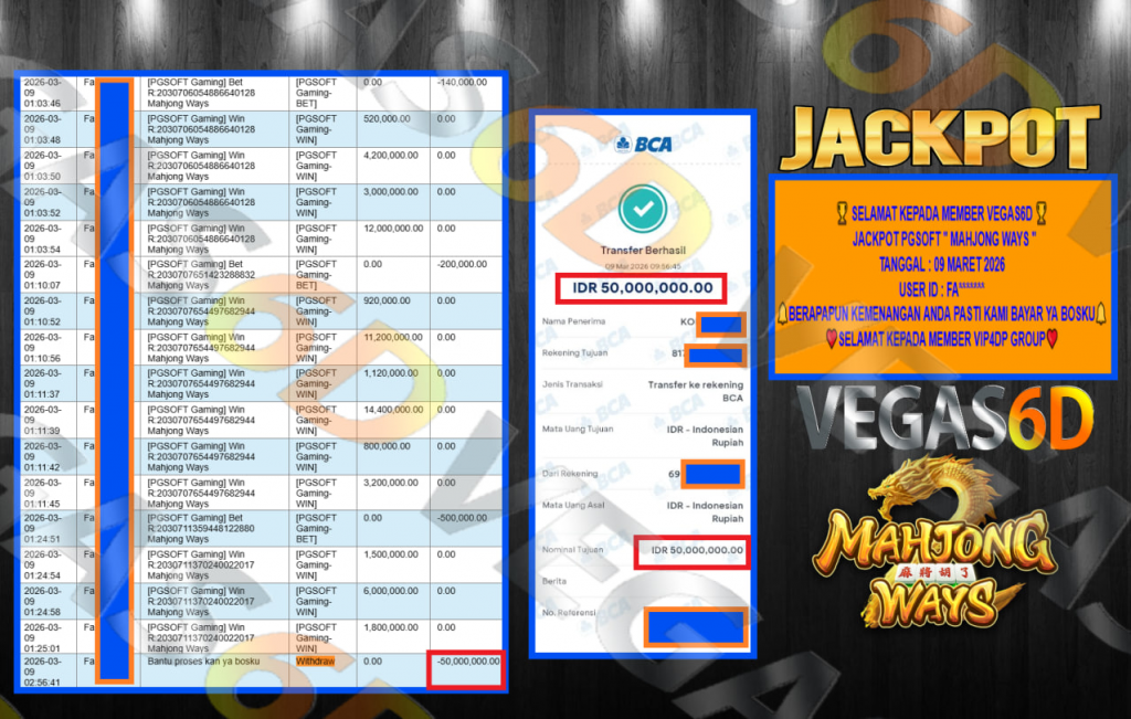 VEGAS6D JACKPOT PGSOFT ” MAHJONG WAYS ” Rp.50.000.000,- LUNAS