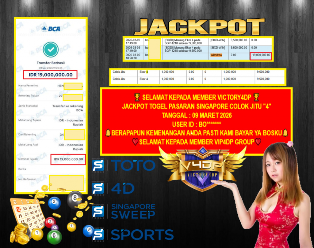 VICTORY4DP JACKPOT TOGEL PASARAN SINGAPORE COLOK JITU “4” Rp.19.000.000,- LUNAS