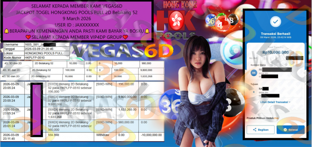 VEGAS6D JACKPOT TOGEL HONGKONG POOLS FULL 2D Belakang 52 Rp.10.000.000,- LUNAS
