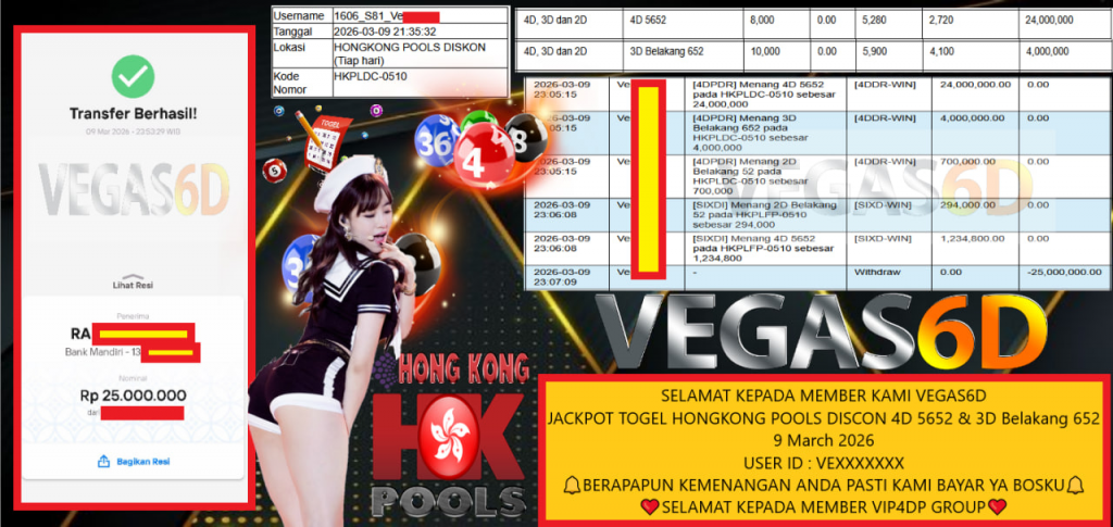 VEGAS6D JACKPOT TOGEL HONGKONG POOLS DISCON 4D 5652 & 3D Belakang 652 Rp.25.000.000,- LUNAS