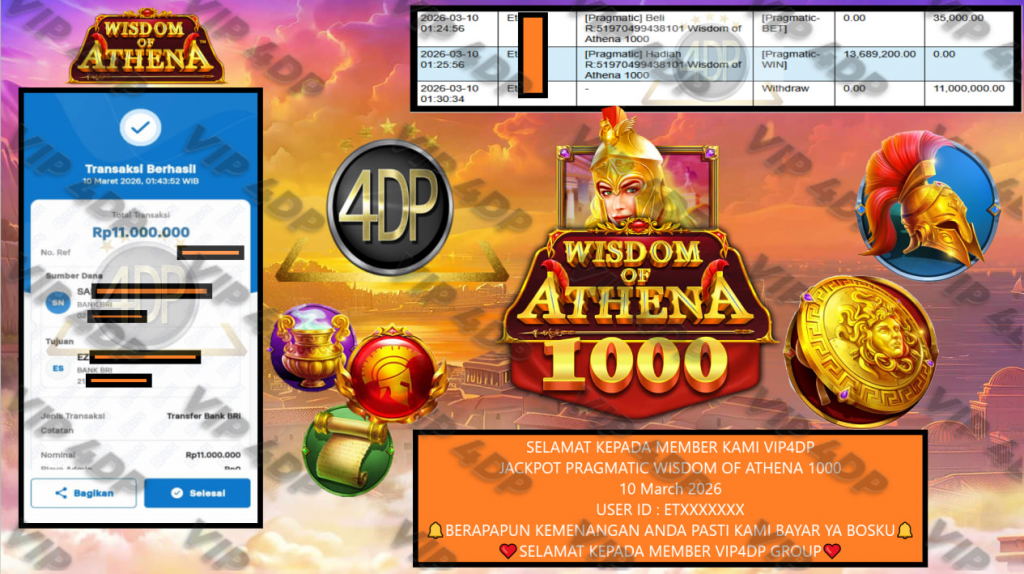 VIP4DP JACKPOT PRAGMATIC WISDOM OF ATHENA 1000 Rp.11.000.000,- LUNAS