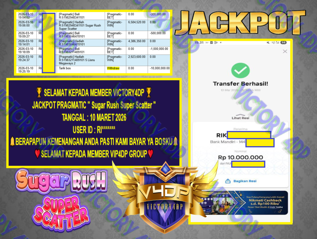 VICTORY4DP JACKPOT PRAGMATIC ” SUGAR RUSH SUPER SCATTER ” Rp.10.000.000,- LUNAS