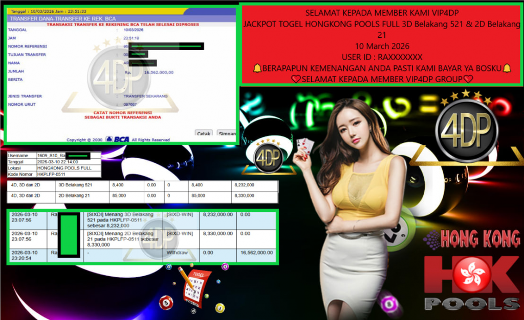 VIP4DP JACKPOT TOGEL HONGKONG POOLS FULL 3D Belakang 521 & 2D Belakang 21 Rp.16.562.000,- LUNAS