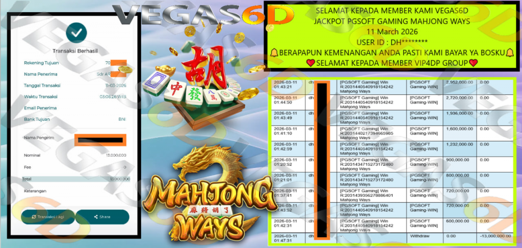 VEGAS6D JACKPOT PGSOFT GAMING MAHJONG WAYS Rp.13.000.000,- LUNAS